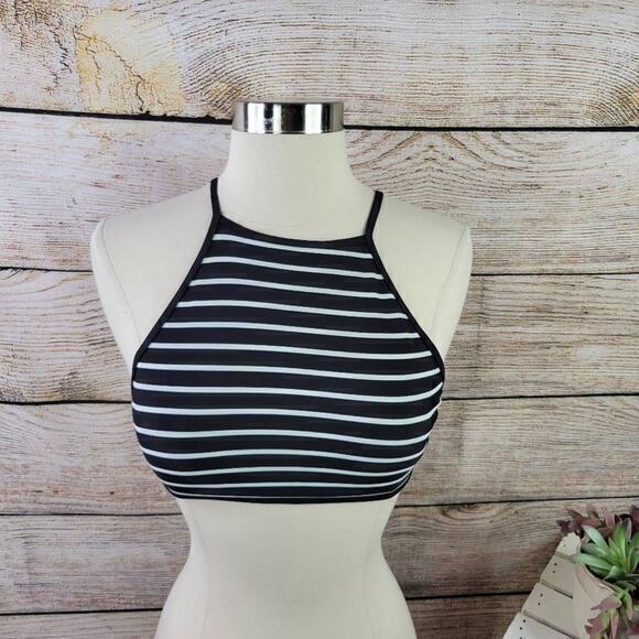 Aerie High Neck Crop Striped Black White Halter Tie Swim Bikini Top‎ Size Small - Picture 1 of 7
